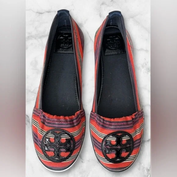 Tory Burch Raymond Canvas Flats Black Patent Logo Slip Ons Red White Blue Size 8 - Picture 1 of 13